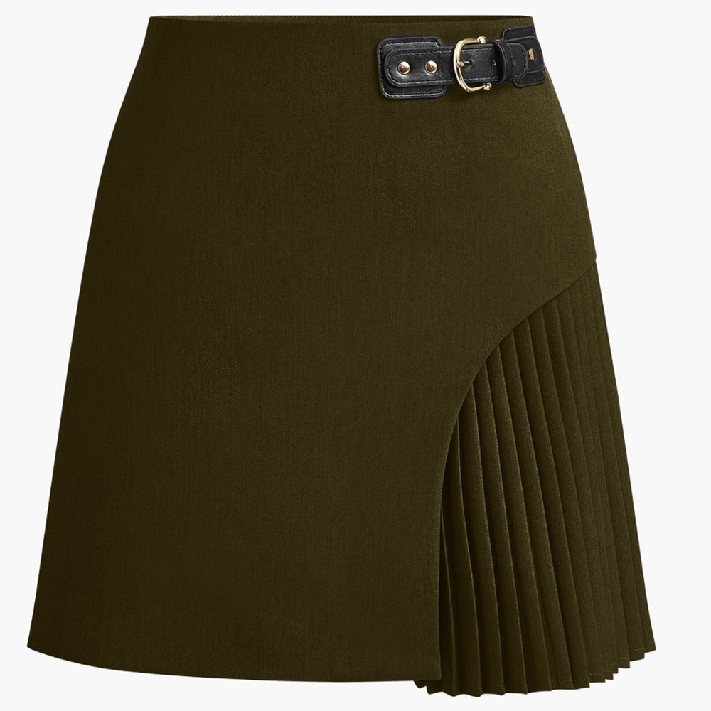 Commence Dark Green Side Pleated Buckle Belted Skirt. Size Small. NWT.